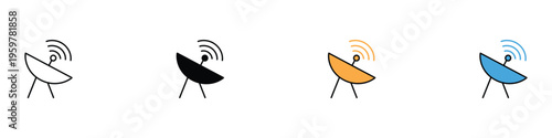 Satellite dish antenna for telecommunication and broadcasting icon set. Wireless signal receiver and radar technology symbol. Vector Illustration.