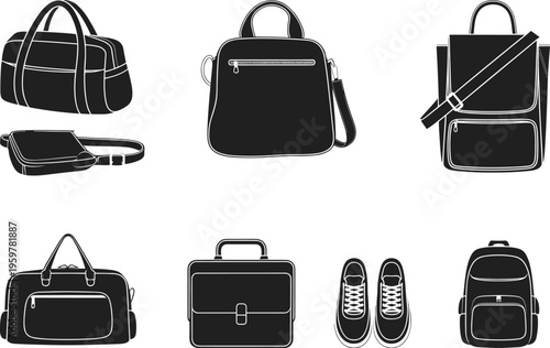 Black leather handbags and accessories set isolated on white background tote bag crossbody bag