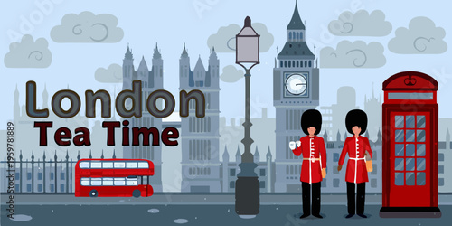 A colorful illustration depicting iconic landmarks and symbols of london