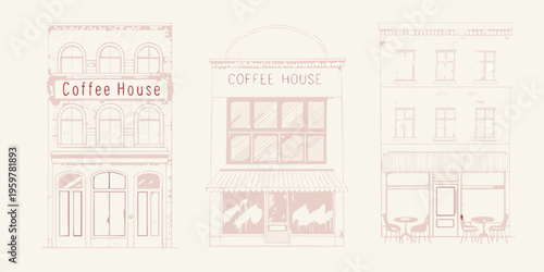 A charming illustration depicts three vintage coffee house storefronts