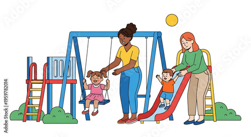 A colorful illustration of two women and two children playing on a vibrant playground with swings and a slide