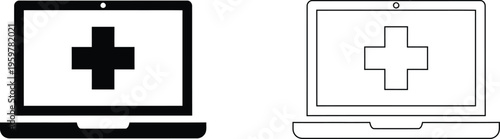 Telemedicine laptop icons with medical cross, digital healthcare technology symbols, online doctor consultation vector set in black and white