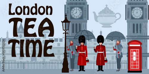 London tea time illustration featuring big ben guards and umbrellas