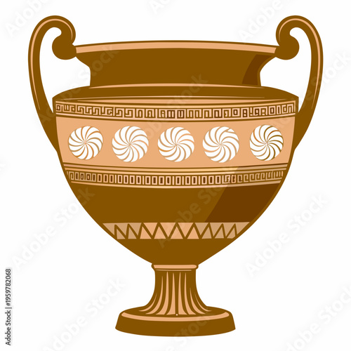 An ornate brown ancient greek amphora with detailed spiral patterns