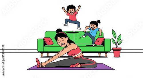 A cartoon illustration of a woman stretching on a yoga mat while two children play on a green couch in the background.