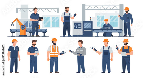 Modern Industrial Workers & Manufacturing Processes Set: Engineers, Technicians, and Operators in Factory Production Line Environment with Automation and Robotics