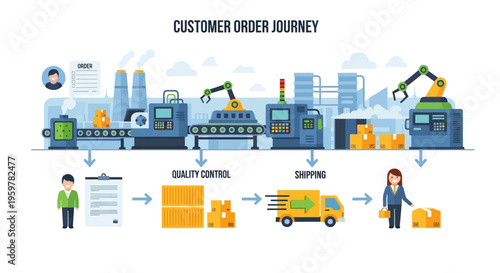 Customer Order Journey Infographic: End-to-End Supply Chain, Logistics, Manufacturing, Quality Control, and Delivery Process Flowchart