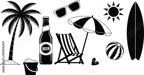 Set, of, summer, beach, icons, including, palm, tree, beer, sunglasses, umbrella, chair, sun, surfboard, and, ball, flat, vector, illustration, isolated