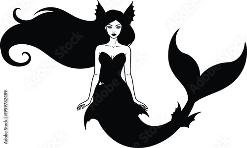Black and White Mermaid Silhouette Vector with Long Flowing Hair and Fin Ears Isolated on White Background for Fantasy Decor Tattoo and Vinyl Cutting