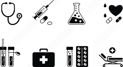 Hand drawn of human heart lungs liver stomach and medical tools on white background