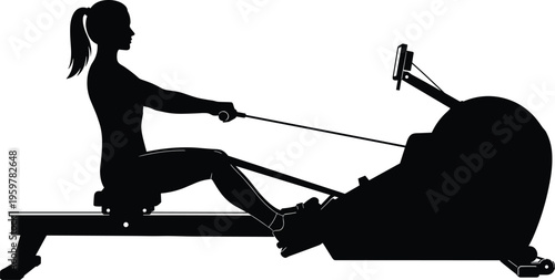Black Silhouette of a Fit Woman Using a Rowing Machine Gym Equipment Isolated on White Background for Fitness Wellness and Indoor Cardio Workout