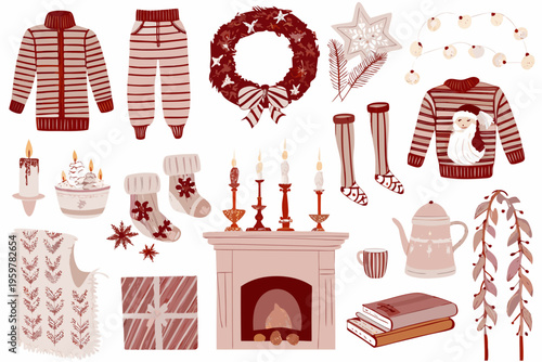 Festive winter collection featuring cozy clothing decorations and holiday elements