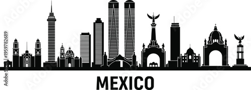 Black and white Mexico city skyline with iconic buildings and monuments
