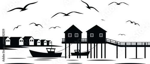 Coastal village silhouette with stilt houses, fishing boat and birds seaside landscape vector