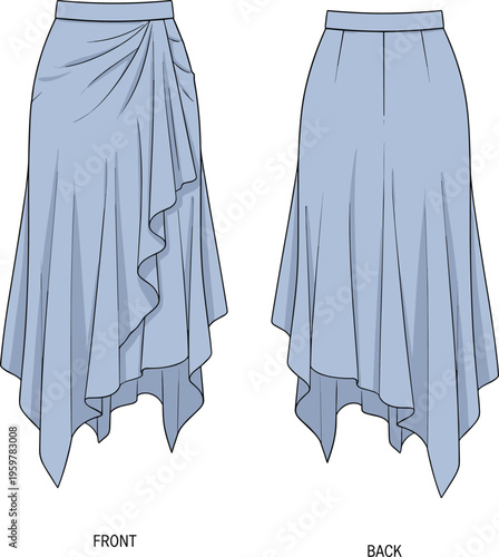 Elegant asymmetrical draped midi skirt vector illustration, front and back view, fashion flat sketch, flowing hemline design, modern women apparel template