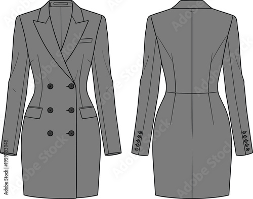 Elegant double breasted blazer dress vector illustration, front and back view, tailored office style, modern women business fashion flat sketch, clothing template