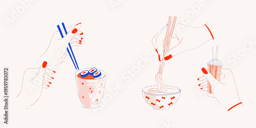 Hands reaching for ramen drinks and snacks in a playful illustration