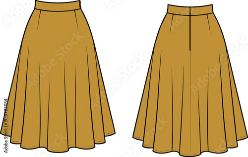 Elegant high waist A line midi skirt vector illustration, front and back view, flowing hem design, modern women fashion flat sketch, clothing template