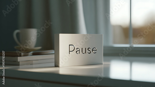 Minimalist Desktop Scene with 'Pause' Sign, Books, and Coffee Cup Creating a Serene Atmosphere by a Window with Soft Sunlight