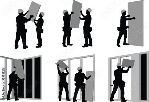 Silhouettes of people walking and standing in modern architectural settings modern architecture