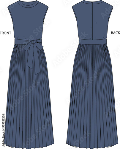 Elegant sleeveless pleated maxi dress vector illustration, front and back view, tied waist detail, modern women fashion flat sketch, clothing template
