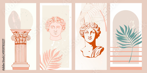 Classical busts botanical elements and arches in a minimalist design