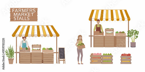 Colorful farmers market stalls with vendors and fresh produce displayed