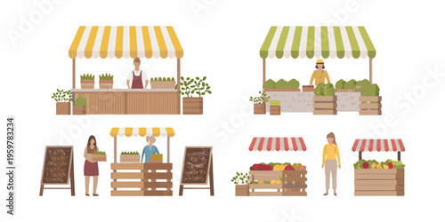 Colorful farmers market stalls with vendors and fresh produce displays