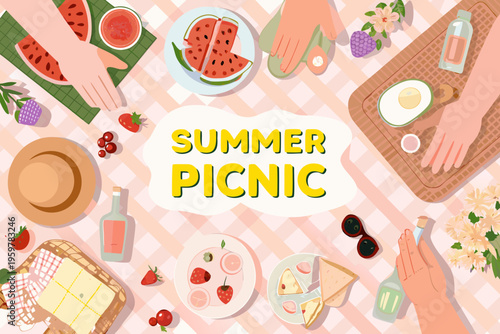 A colorful summer picnic spread with watermelon fruit and accessories