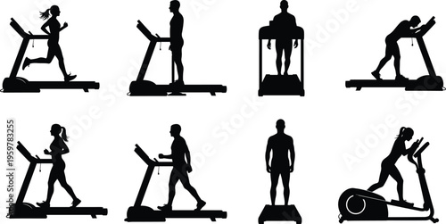 Black silhouettes of people running walking and standing on treadmill and elliptical machines isolated on white background for gym fitness and workout concept