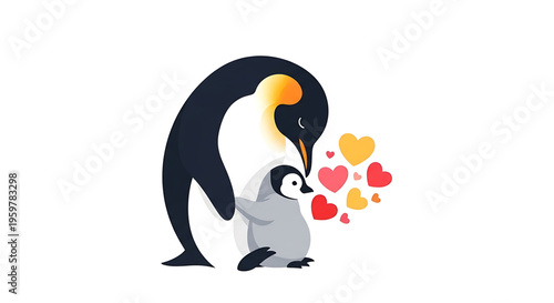 A heartwarming vector illustration of a penguin parent showing love to its adorable little chick with floating hearts around them.