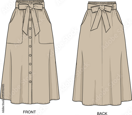 High waist button front midi skirt vector illustration, front and back view, tied belt detail, modern women fashion flat sketch, clothing template