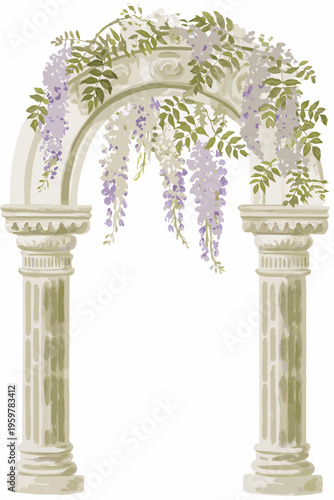 Elegant stone archway adorned with cascading wisteria blossoms and lush greenery