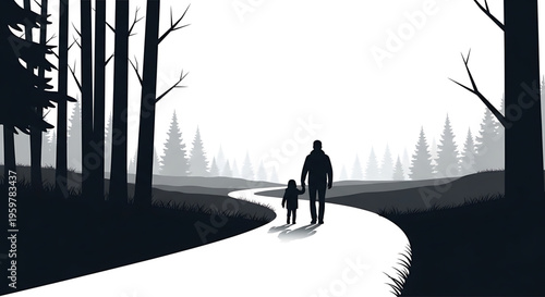A minimalist vector illustration of a father and child walking hand in hand on a winding forest path