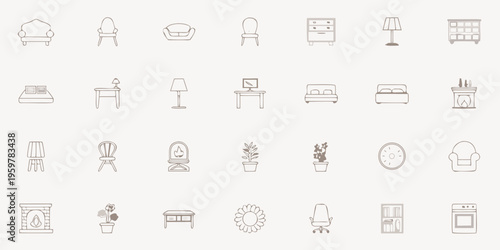 Line art illustrations of furniture and home decor items arranged neatly