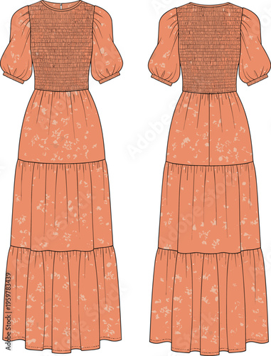 Floral tiered maxi dress vector illustration, front and back view, smocked bodice puff sleeve design, bohemian women fashion flat sketch, clothing template