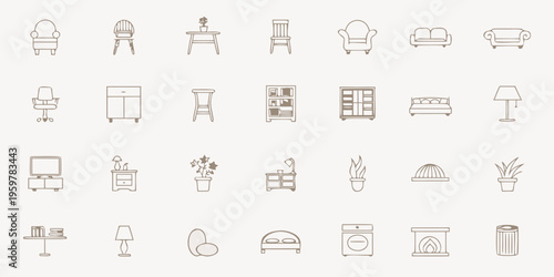 Collection of minimalist furniture icons arranged in a grid layout