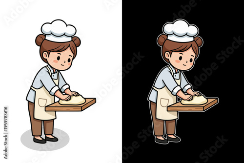 Smiling young girl baker kneading dough on a wooden board for delicious homemade pastries and bread
