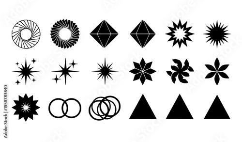 12 Y2K Geometric Shapes Vector Collection | Abstract Spiral, Diamond, Floral, and Twinkle Symbols
