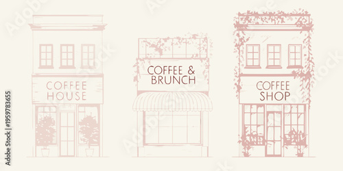 Stylized illustration of three adjacent buildings labeled as coffee shops
