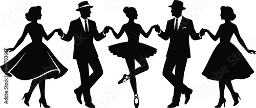 Silhouette of Elegant Couples Dancing in Vintage Style Formal Attire Isolated on White Background Vector Illustration