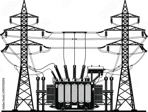 Silhouette of electrical power substation with transmission towers, transformers, and high voltage lines isolated on white background
