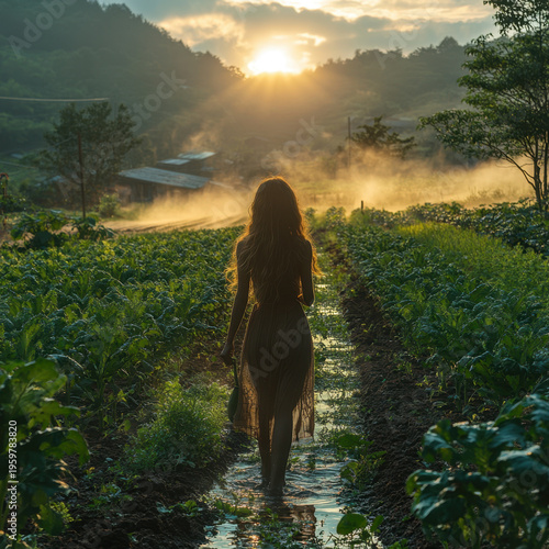 Woman walking through field at sunset.