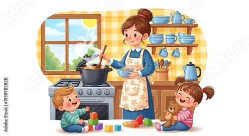 A mother cooks in a kitchen with her two happy children playing on the floor