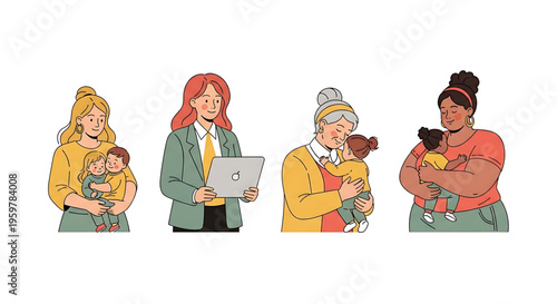 A vector graphic illustration of diverse women with babies, representing motherhood and multitasking in a modern flat design style.