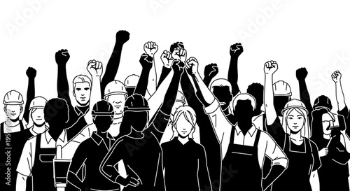 A group of diverse people with raised fists in a powerful solidarity gesture
