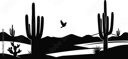 Minimalist black and white silhouette of Arizona desert landscape with saguaro cactus hills and flying bird icon isolated on white background for vector design