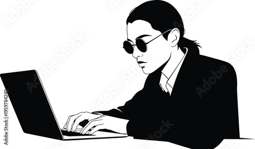 Minimalist black and white vector illustration of a stylish young person wearing round sunglasses and a suit while working intently on a laptop computer.