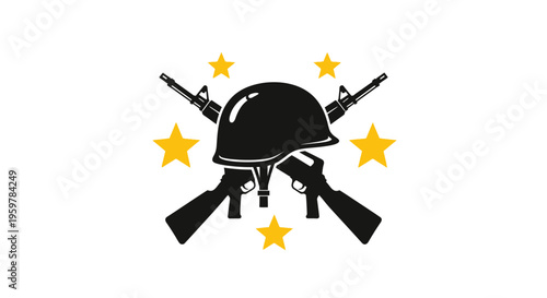 Military helmet with guns and stars.