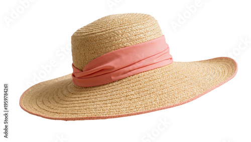 фотографія Beautiful woven straw sun hat with wide brim and delicate pink ribbon band
